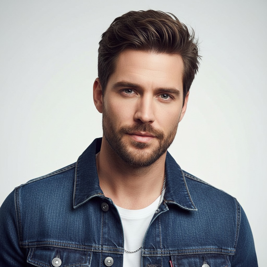 Portrait d'un homme aux cheveux bruns coiffés en arrière, portant une veste en jean sur un t-shirt blanc.