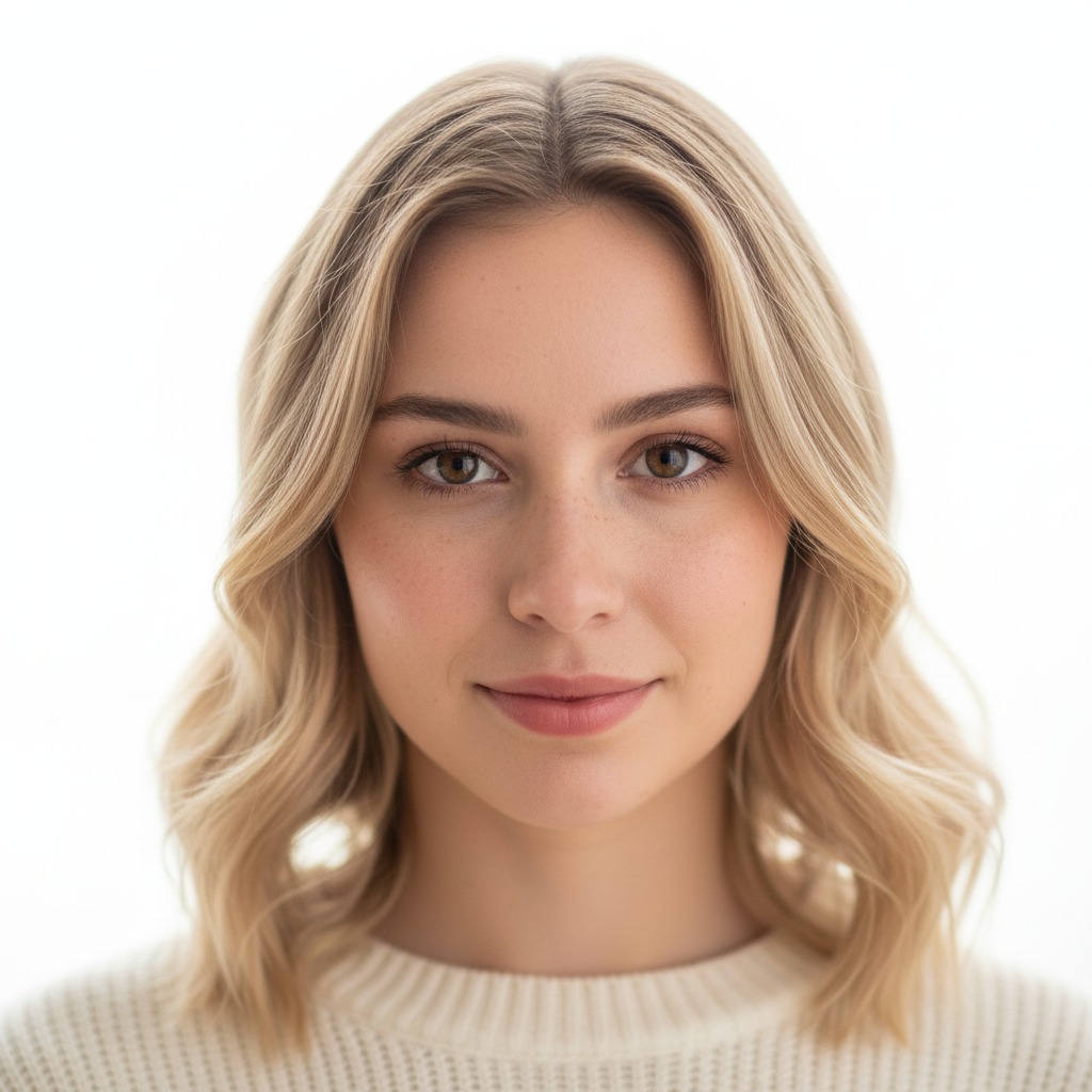 Portrait d'une jeune femme blonde aux yeux noisette souriant doucement devant un fond blanc.